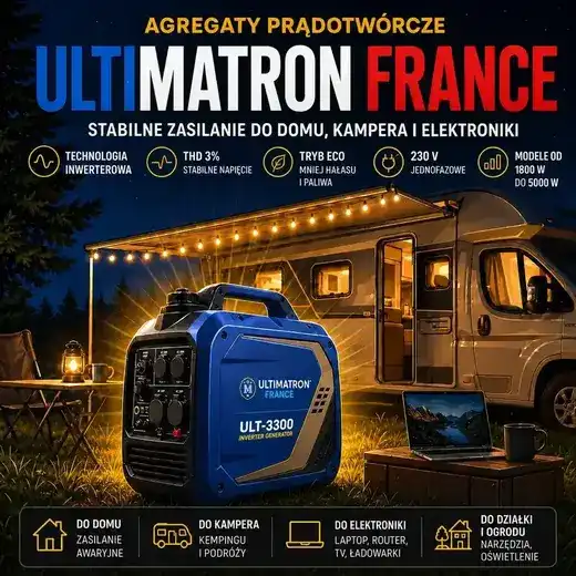 Cichy agregat inwerterowy Ultimatron France 230 V do kampera, domu i elektroniki